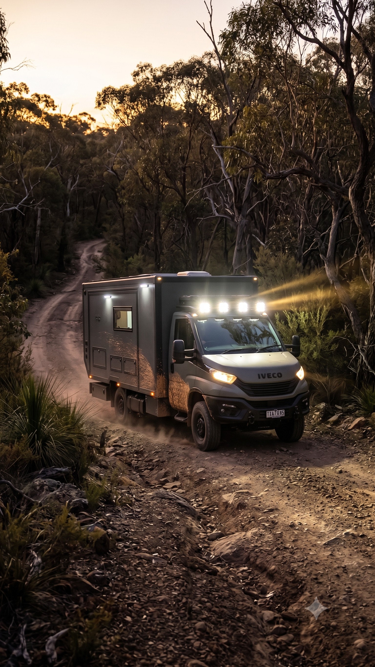 Latitude ibeX 4x4 driving a dusty bush track at dusk, driving lights on, dust and mud on the flanks