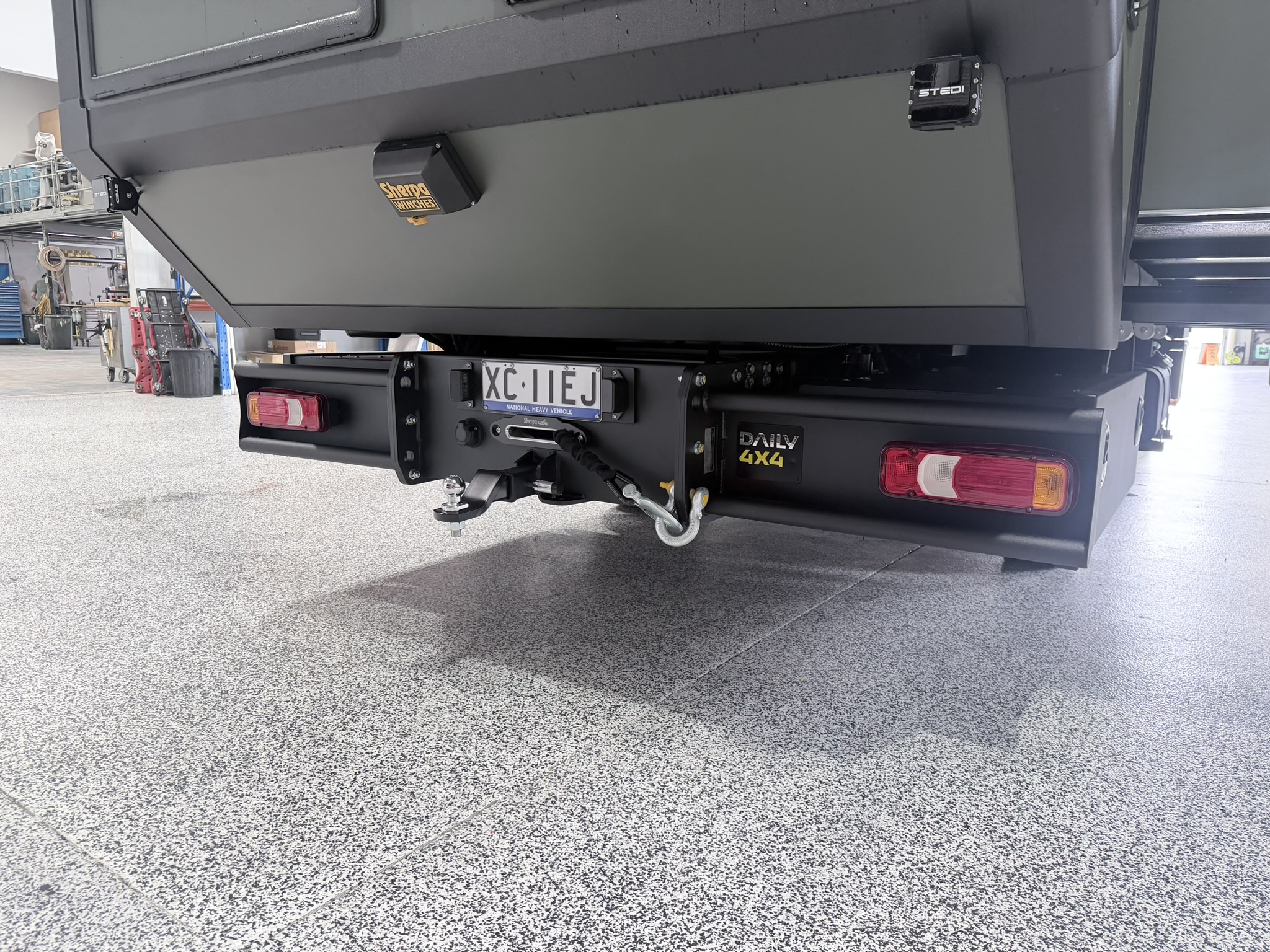 Rear bumper with Sherpa Winches badge, STEDI light and tow hitch