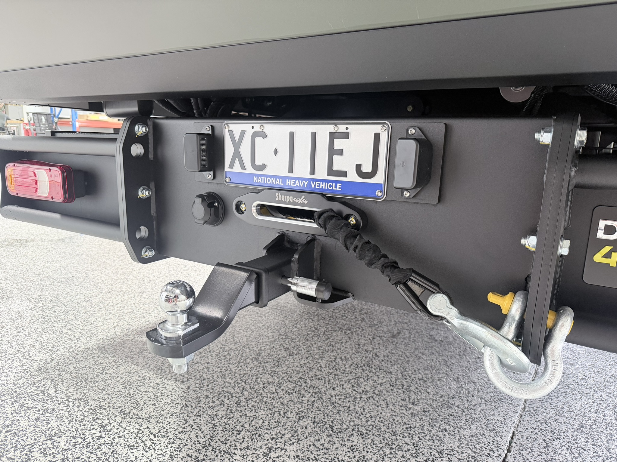 Rear Sherpa 4x4 recovery point and tow hitch, close-up