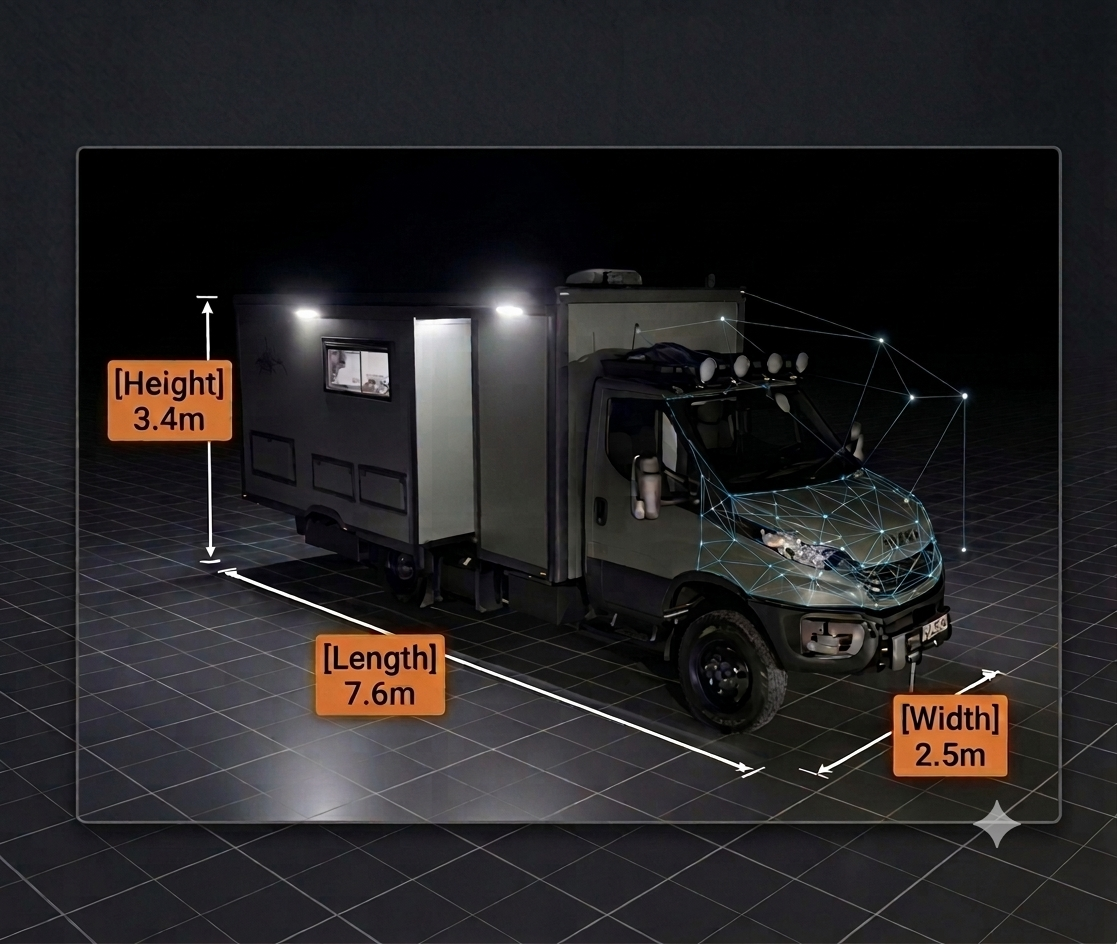 3D rendered dimension callout of the Latitude ibeX 4x4 showing 7.6m length, 3.4m height, and 2.5m width